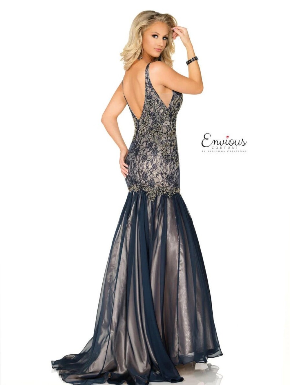 NWT Envious Couture Size 14 Navy Prom Dress Lace Chiffon Mermaid - Picture 2 of 9